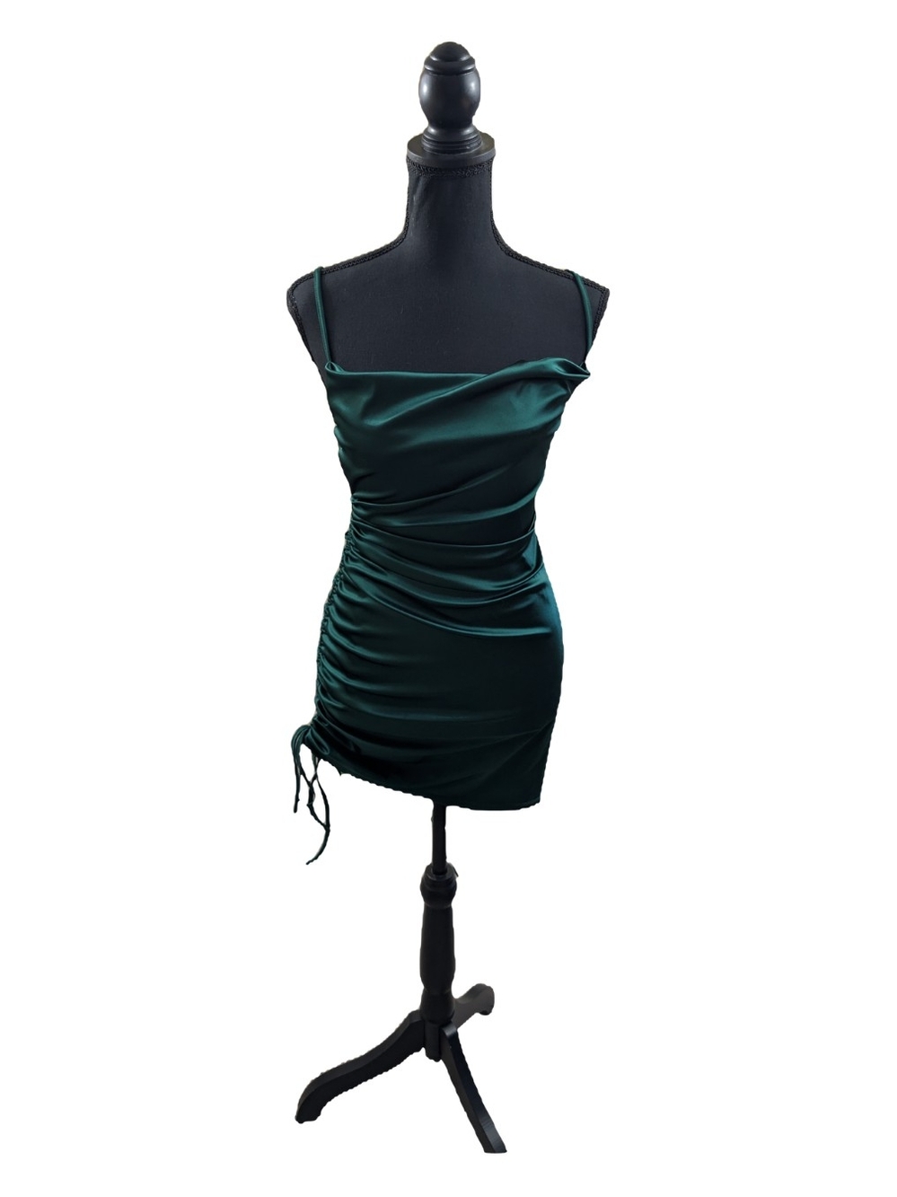 Windsor Emerald Satin Cowl Neck Ruched Spaghetti-Strap Mini Dress